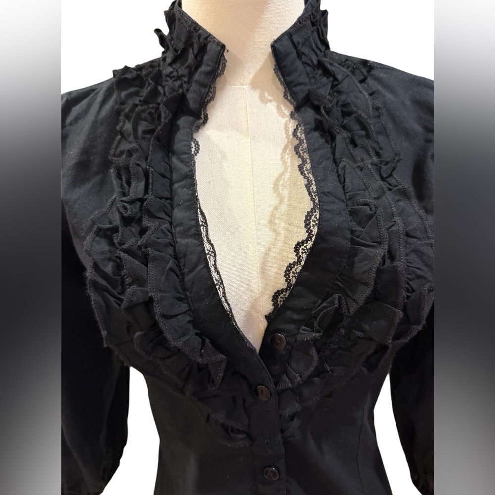 Black Ruffle-Trim Button-Down Blouse with Lace V-Neck - Picture 3 of 5